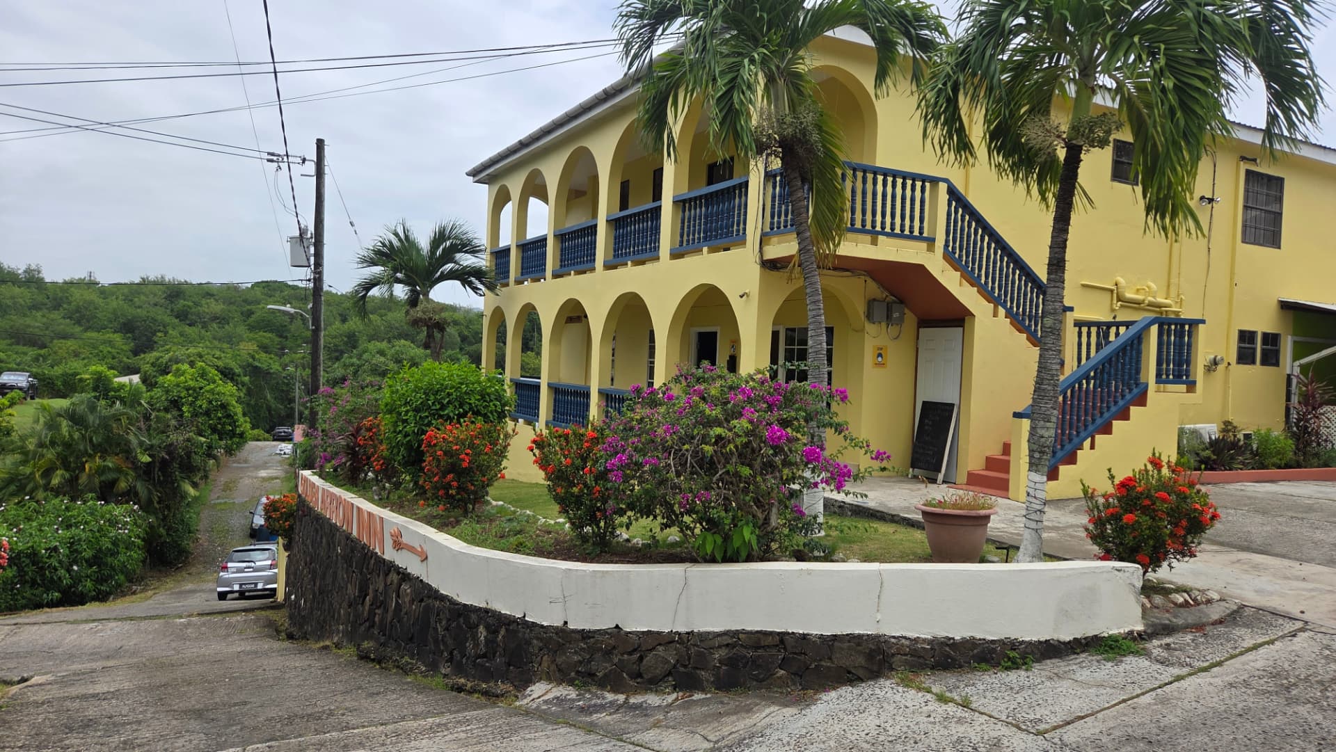 Garden with bougainvillea in front of the yellow guest house building